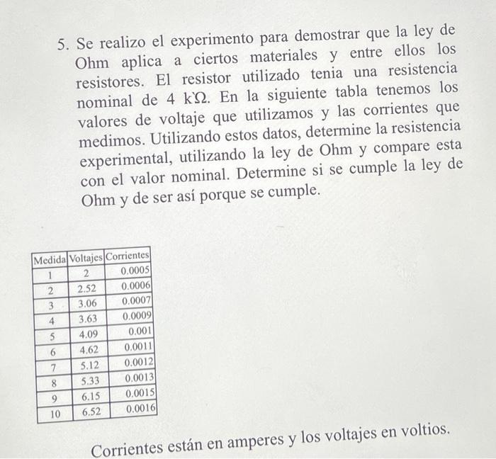 5. Se realizo el experimento para demostrar que la ley de Ohm aplica a ciertos materiales y entre ellos los resistores. El re