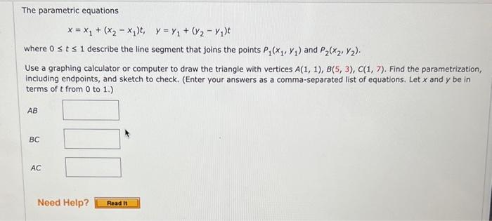 Solved The parametric equations x=x1+(x2−x1)t,y=y1+(y2−y1)t | Chegg.com