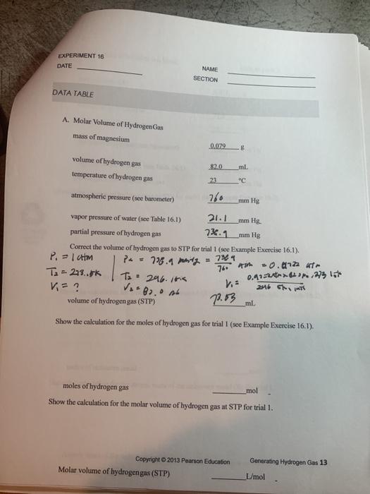 Solved Experiment 16 Date Name Section Data Table A Molar 8686