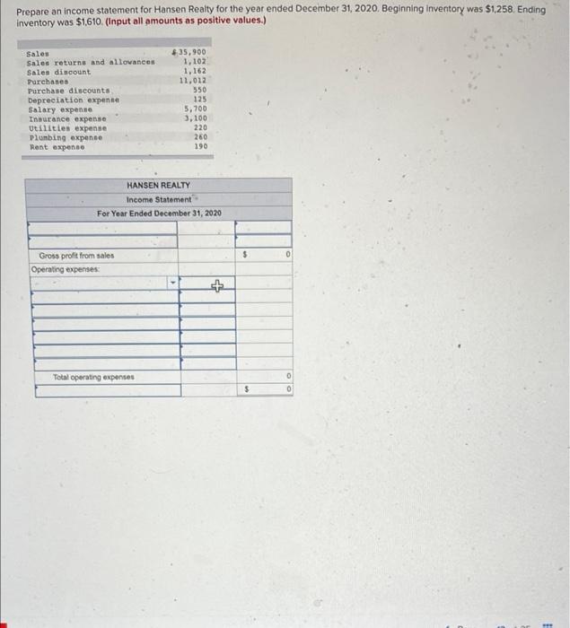 Prepare an statement for Hansen Realty for the