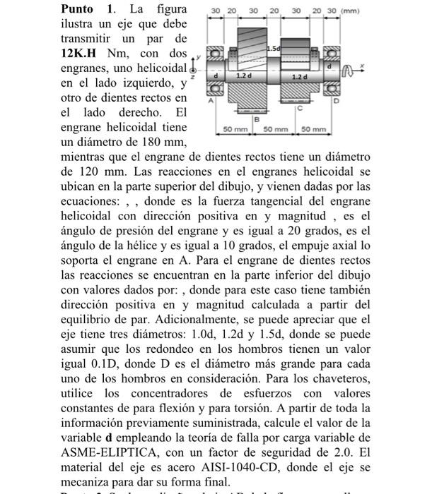 Punto 1. La figura ilustra un eje que debe transmitir un par de 12K.H Nm, con dos engranes, uno helicoidal en el lado izquier