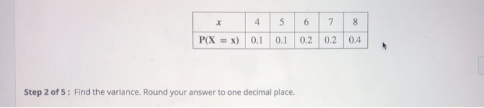 Solved P(X = x) 0.1 0.1 0.2 Step 2 of 5: Find the variance. | Chegg.com