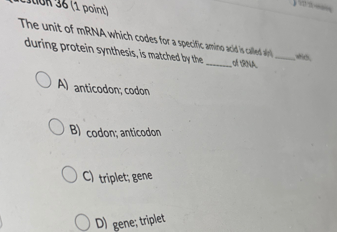 Solved The unit of mRNA which codes for a specific amino | Chegg.com