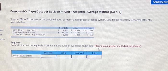 Solved Check My Work Exercise 4-3 (Algo) Cost Per Equivalent | Chegg.com