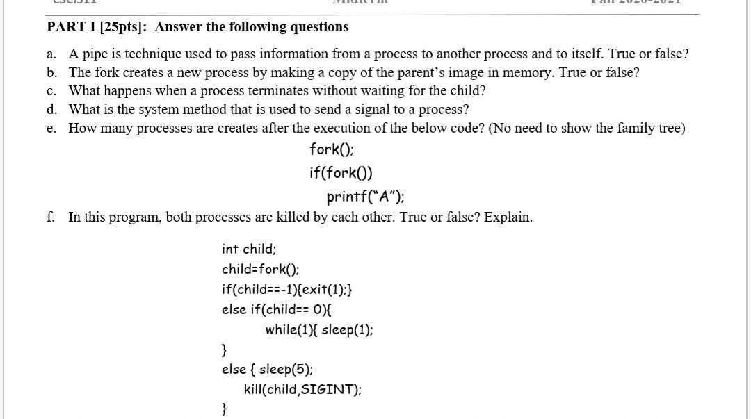 Solved PART I [25pts]: Answer the following questions a. A | Chegg.com