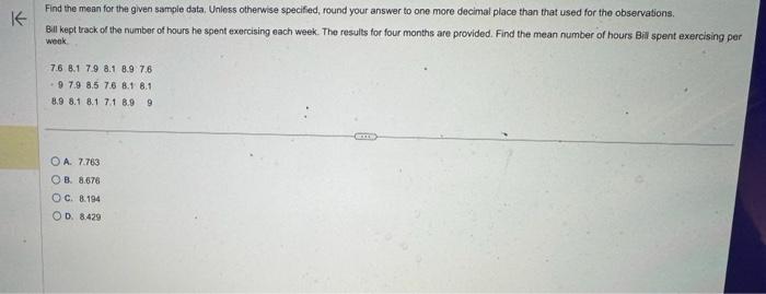 Solved Find the mean for the given sample data. Unless | Chegg.com