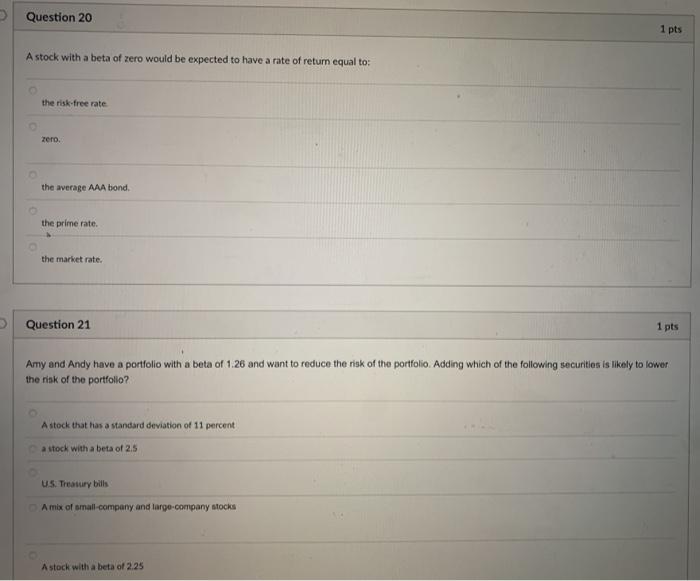 Solved Question 20 1 pts A stock with a beta of zero would | Chegg.com