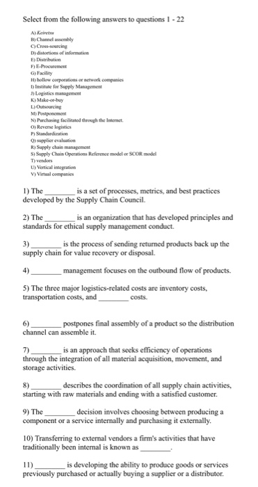 Solved Select from the following answers to questions 1-22 | Chegg.com