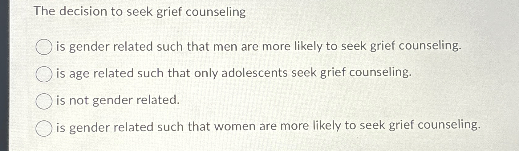Solved The decision to seek grief counselingis gender | Chegg.com