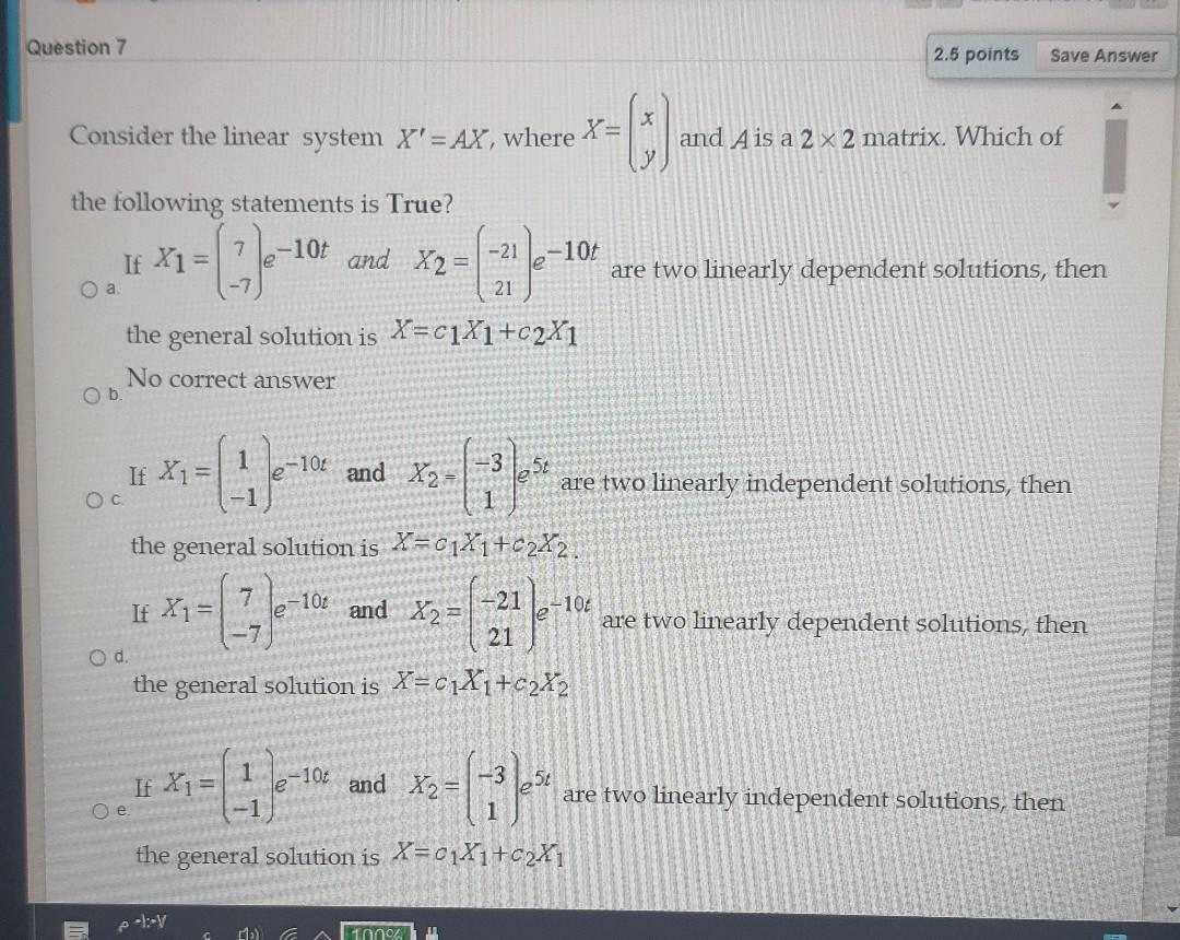 Solved Question 7 2.5 points Save Answer Consider the linear | Chegg.com