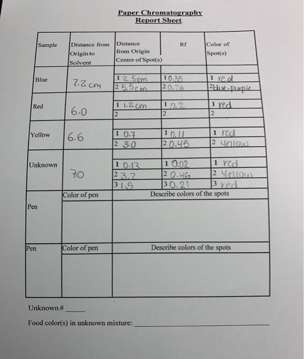 Paper Chromatography Report Sheet Sample RE Distance