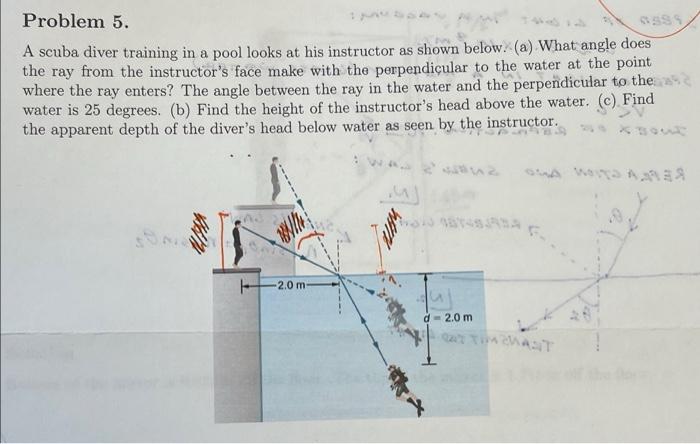 Solved Problem 5. A scuba diver training in a pool looks at | Chegg.com