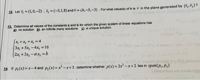 Solved 12. Let V1=(1,0,−2),v2=(−3,1,8) And V=(h,−5,−3). For | Chegg.com