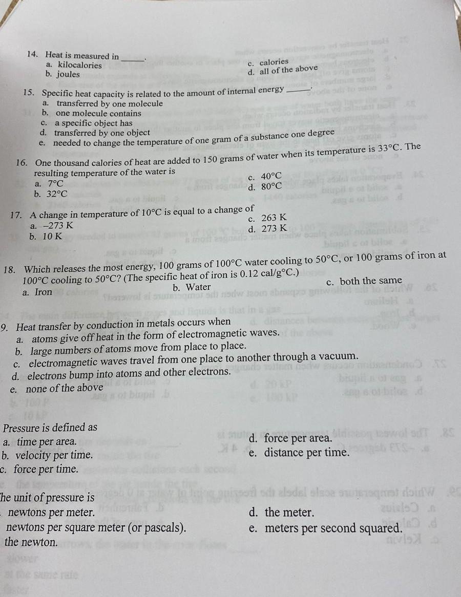 Solved 14. Heat is measured in a. kilocalories b. joules c. | Chegg.com