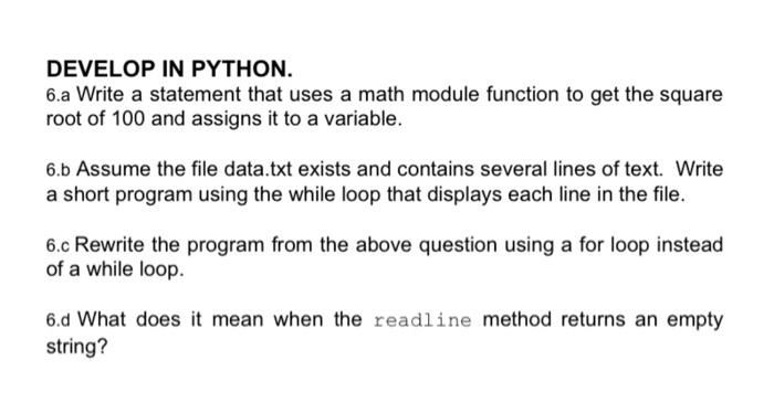 Solved DEVELOP IN PYTHON. 5.a Write a function that receives | Chegg.com