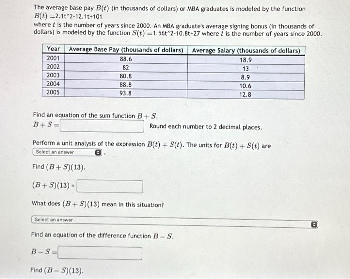 Solved The Average Base Pay B(t) (in Thousands Of Dollars) | Chegg.com