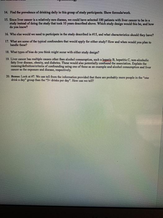 14. Find the prevalence of drinking daily in this group of study participants. Show formula/work. 15. Since liver cancer in a