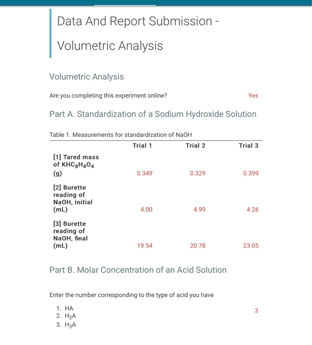 Solved Data And Report Submission Volumetric Analysis V Chegg Com