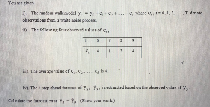 Solved You are given i). The random walk model y, = y +C+c2 | Chegg.com