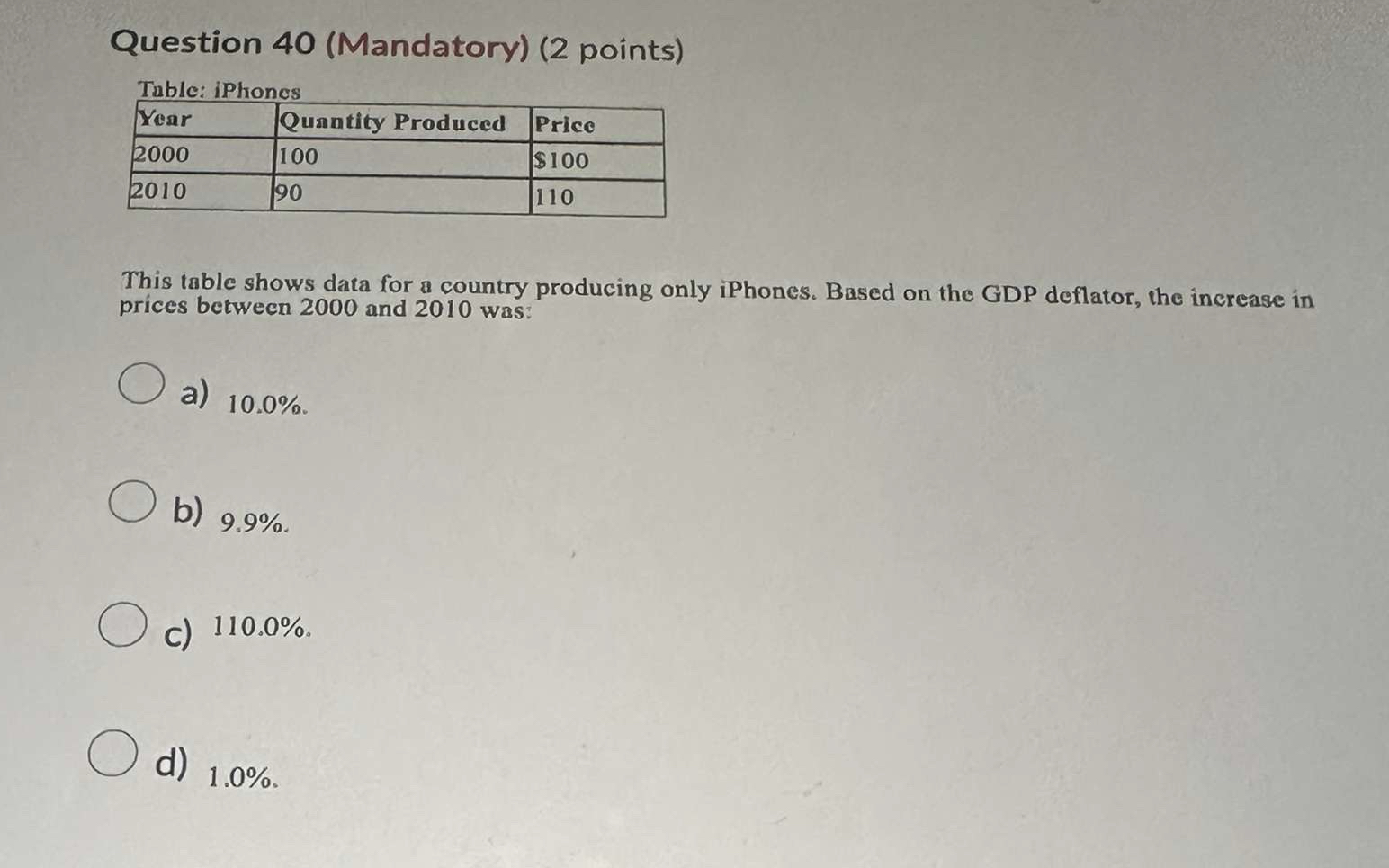 Solved Question 40 (Mandatory) (2 points)Table: | Chegg.com