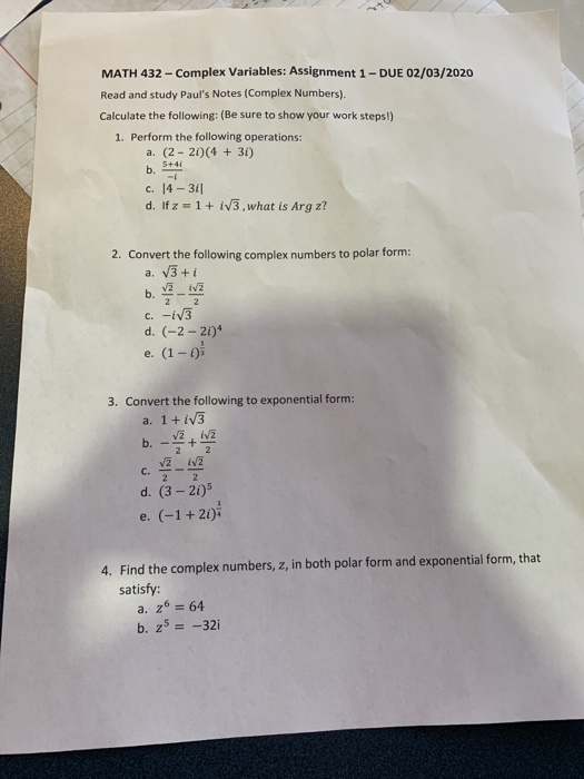 Solved MATH 432 - Complex Variables: Assignment 1 - DUE | Chegg.com