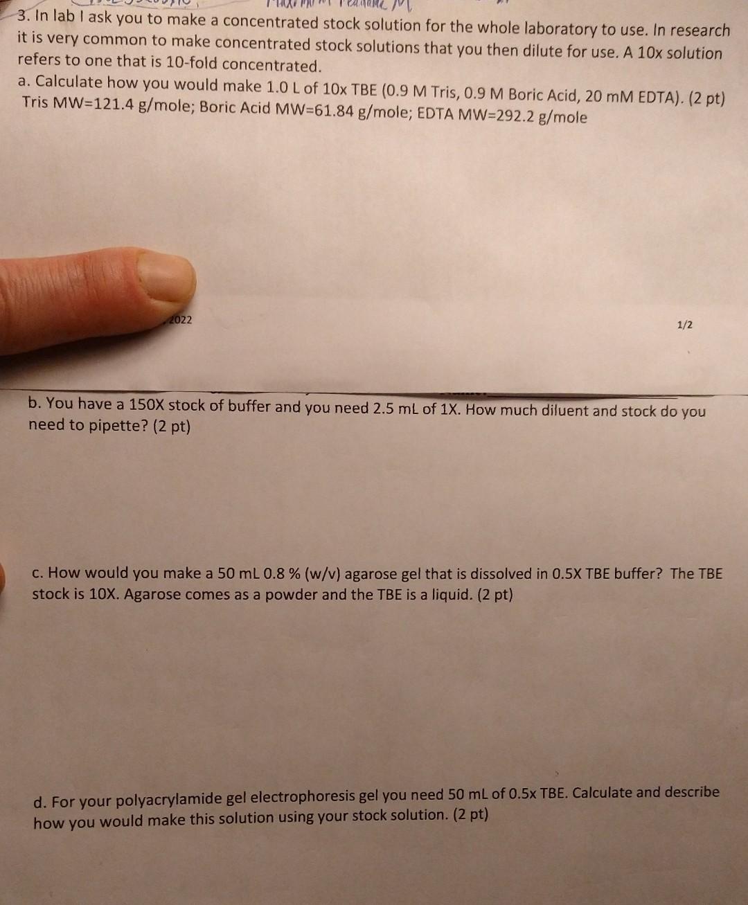 Solved 3. In lab I ask you to make a concentrated stock | Chegg.com