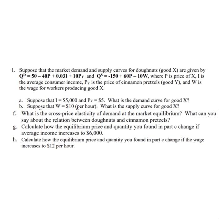 Solved 1. Suppose that the market demand and supply curves | Chegg.com