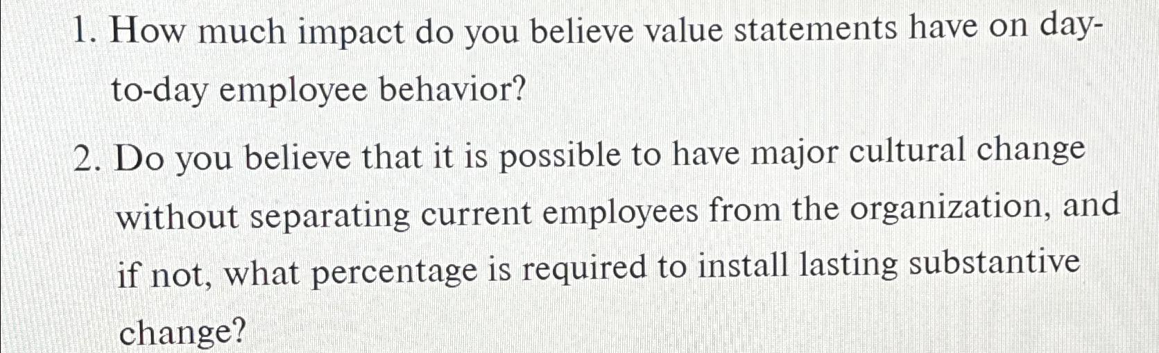 Solved How much impact do you believe value statements have | Chegg.com