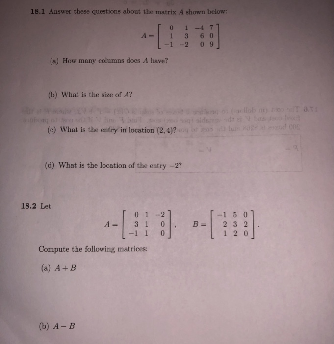 Solved 18.1 Answer these questions about the matrix A shown | Chegg.com