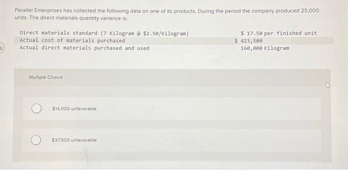 Solved Parallel Enterprises has collected the following data | Chegg.com