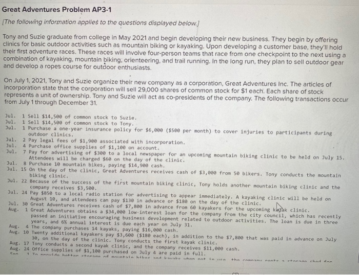Solved Great Adventures Problem AP3-1 (The following | Chegg.com