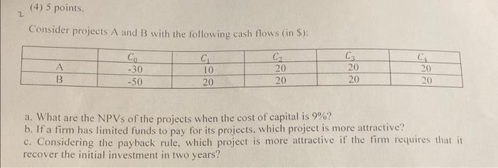 Solved Consider projects A and B with the following cash | Chegg.com
