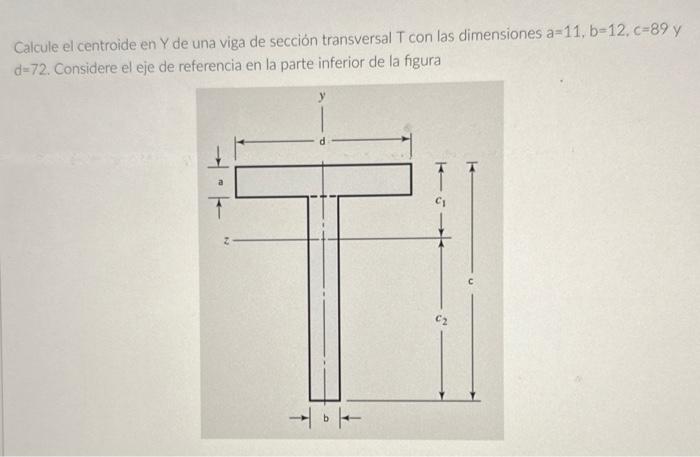 Calcule el centroide en \( Y \) de una viga de sección transversal \( T \) con las dimensiones \( a=11, b=12, c=89 \) y \( d=