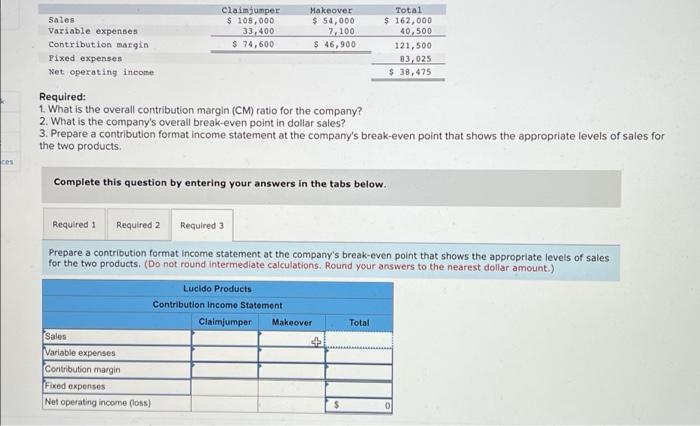 Solved Claimjumper Makeover Total Sales $ 109,000 $ 54,000 $ | Chegg.com