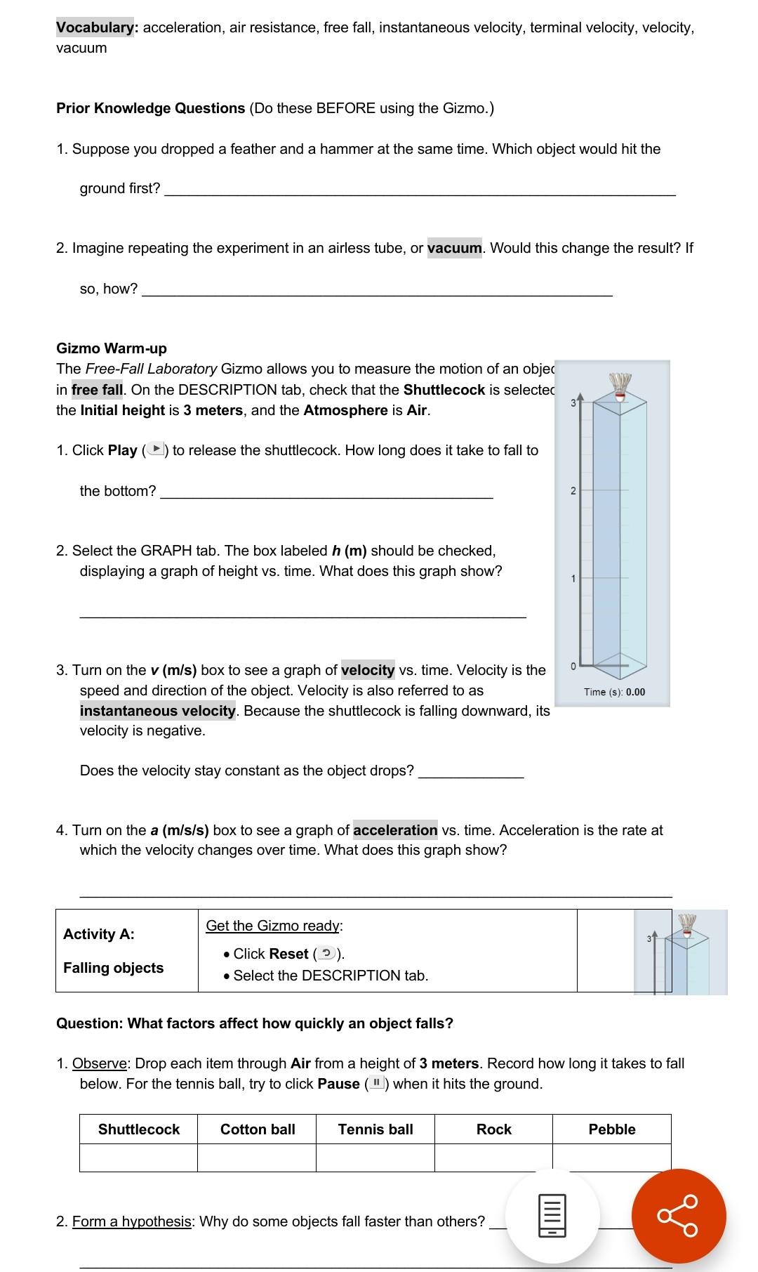 Solved Vocabulary: acceleration, air resistance, free fall, | Chegg.com