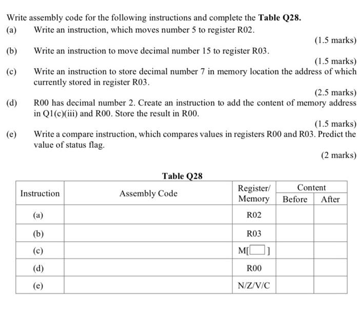 Solved (c) Write assembly code for the following | Chegg.com