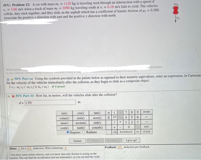 Solved (8%) Problem 12: A car with mass mc=1120 kg is | Chegg.com