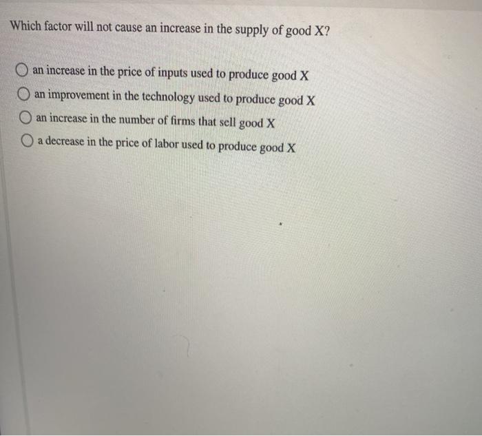 Solved Which factor will not cause an increase in the supply | Chegg.com