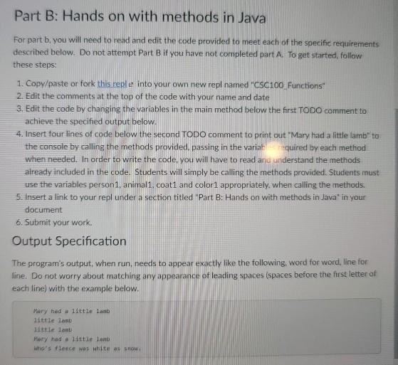 Solved Part B: Hands on with methods in Java For part b. you | Chegg.com
