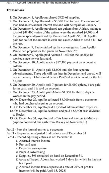 Transactions 1. On December 1, Apollo purchased $420 | Chegg.com
