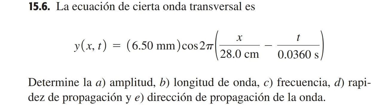 15.6. La ecuación de cierta onda transversal es х t = y(x, t) = , (6.50 mm)cos 27 28.0 cm 0.0360 s Determine la a) amplitud,