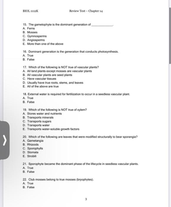 15. The gametophyte is the dominant generation of A.