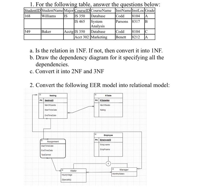 Solved 1. For the following table, answer the questions | Chegg.com