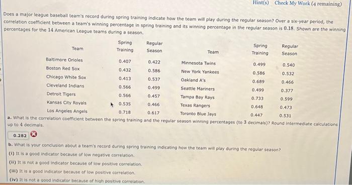Solved Does a major league baseball team's record during | Chegg.com