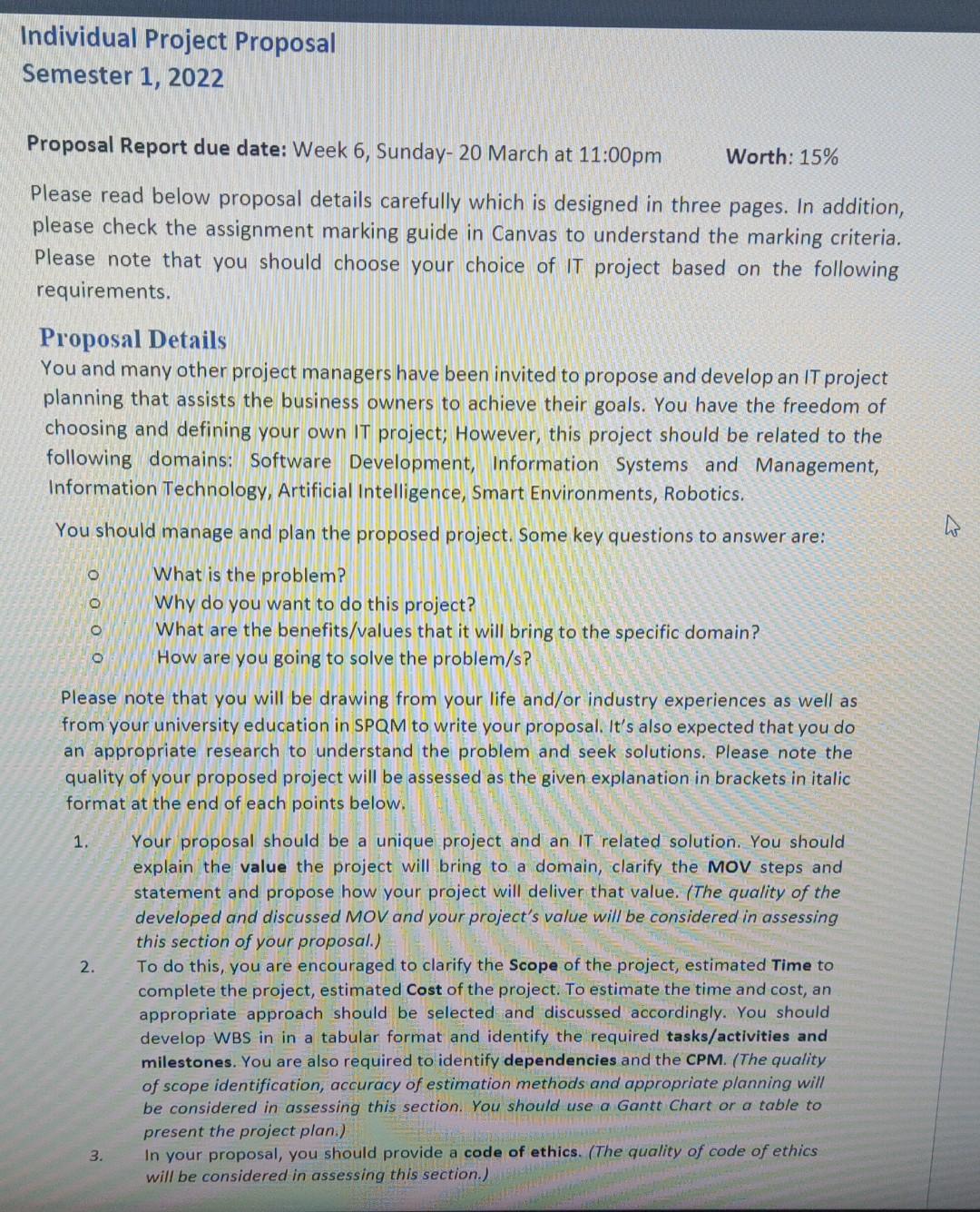 Individual Project Proposal Semester 1, 2022 Proposal | Chegg.com