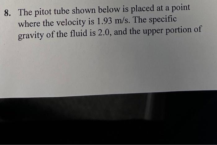 Solved 8. The pitot tube shown below is placed at a point | Chegg.com