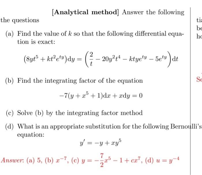 Solved [Analytical Method] Answer The Following The | Chegg.com