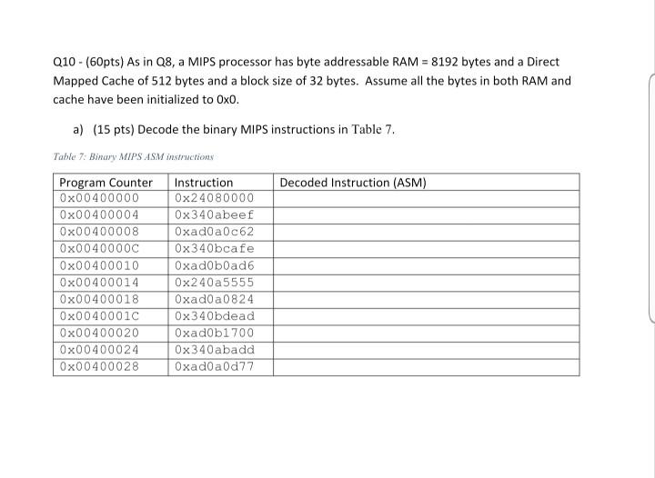 Q10 - (60pts) As in Q8, a MIPS processor has byte | Chegg.com