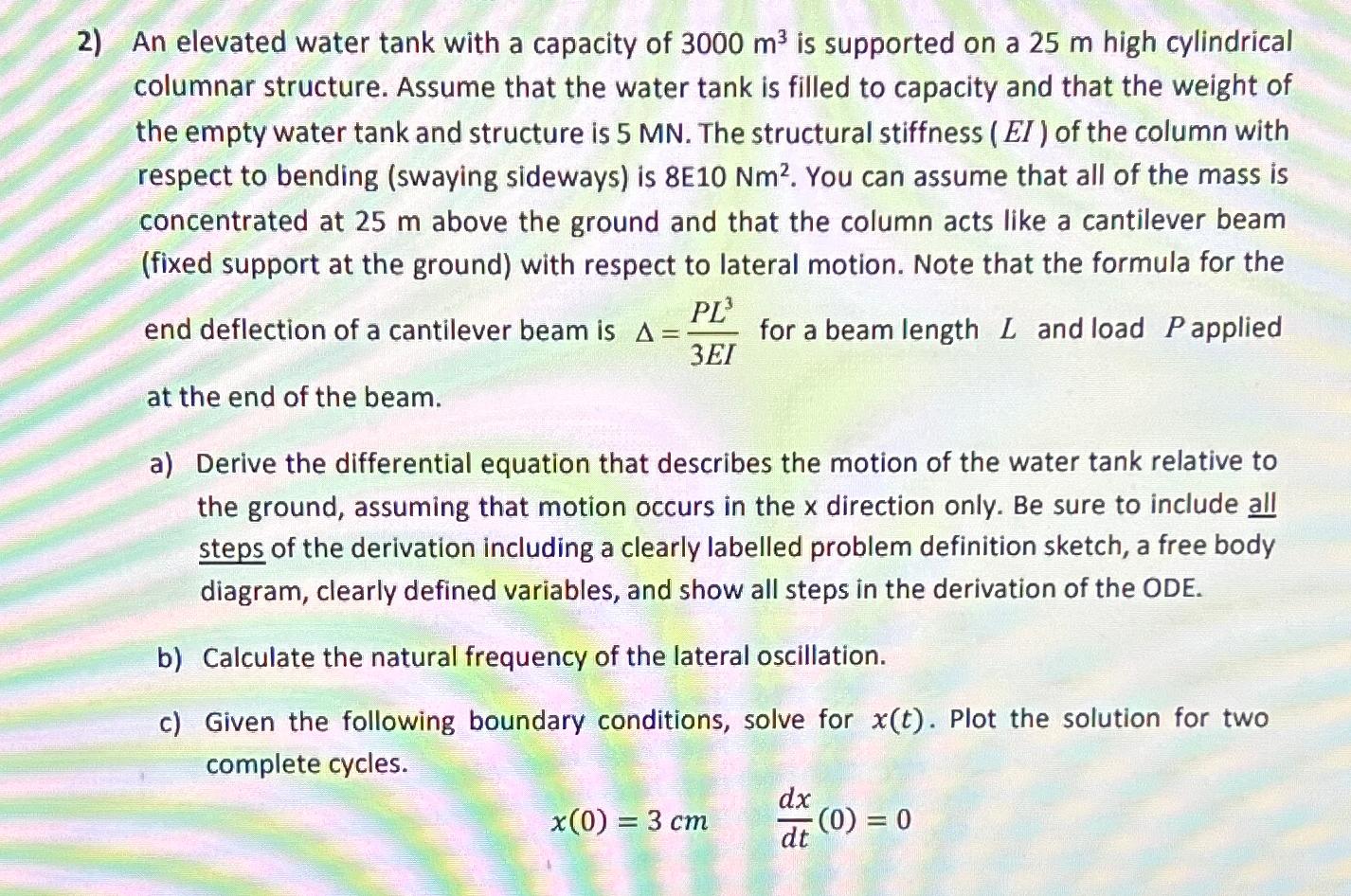 Solved An elevated water tank with a capacity of 3000m^(3) | Chegg.com
