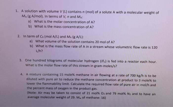 Solved 1 A Solution With Volume V L Contains N Mol O Chegg Com